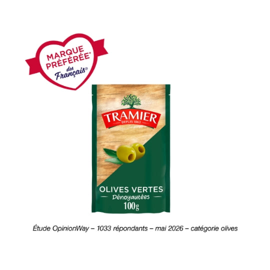 Olives Vertes Dénoyautées TRAMIER — le sachet de 100 g net égoutté — Lot de 3