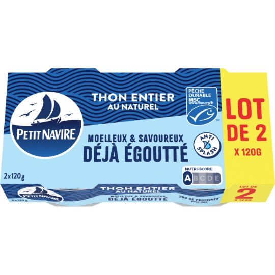 Thon Entier au Naturel Egoutté PETIT NAVIRE — les 2 boites de 120g — Lot de 3