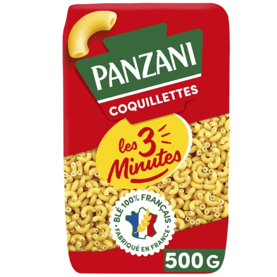 Pâtes coquillettes les 3 minutes PANZANI — le paquet de 500g — Lot de 3