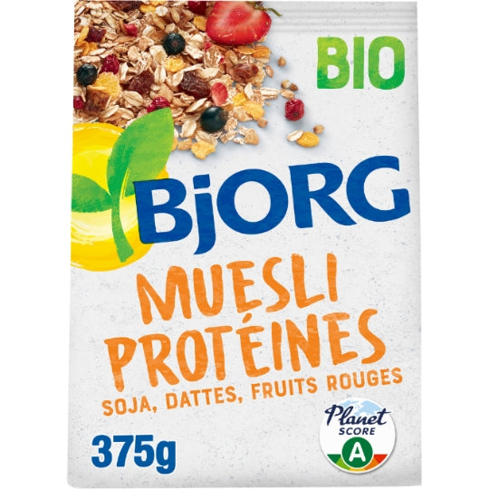 Muesli Protéines Soja, Dattes et Fruits rouges Sans Sucres Ajoutés Bio BJORG — La boite de 375g — Lot de 3