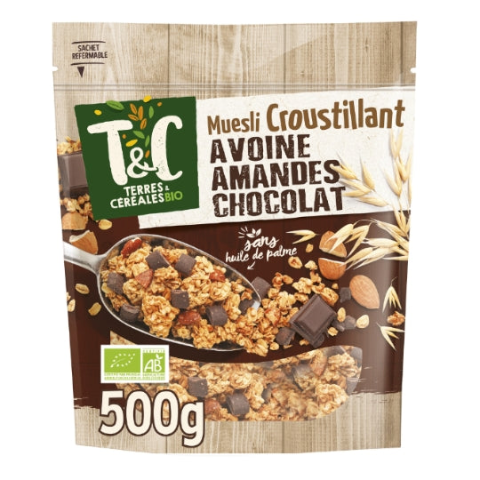 Muesli Croustillant Avoine, Amandes et Chocolat Sans Huile de Palme Bio TERRES & CEREALES BIO — le paquet de 500g — Lot de 3