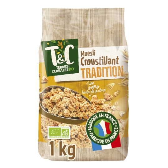 Muesli Croustillant Tradition Sans Huile de Palme Bio TERRES & CEREALES BIO — le paquet d'1Kg — Lot de 3