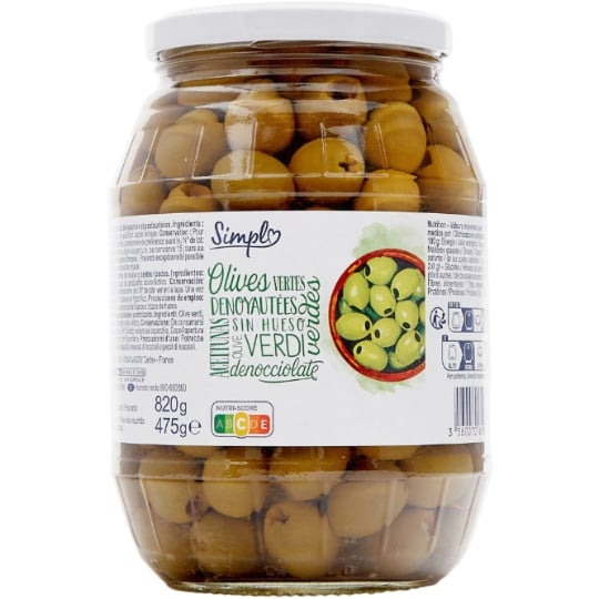 Olives Vertes Dénoyautées SIMPL — le bocal de 475g net égoutté — Lot de 3