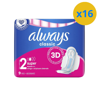 ALWAYS SERVIETTES HYGIENIQUES 3 ACTION CLASSIQUE 9PCS AVEC AILES TAILLE 2