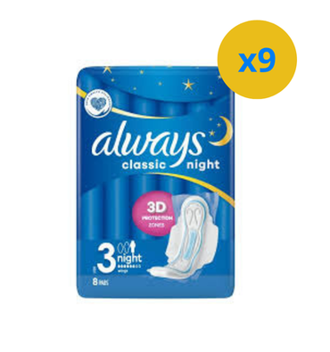 ALWAYS SERVIETTES HYGIENIQUES CLASSIQUE 8PCS NUIT AVEC AILES TAILLE 3 - Blaiche