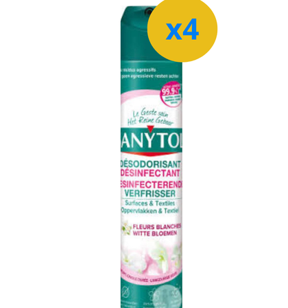 4 x SANYTOL DÉSODORISANT DÉSINFECTANT SURFACES ET TEXTILES FLEURS BLANCHES 300ML