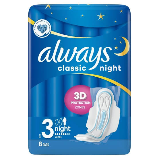 ALWAYS SERVIETTES HYGIENIQUES CLASSIQUE 8PCS NUIT AVEC AILES TAILLE 3
