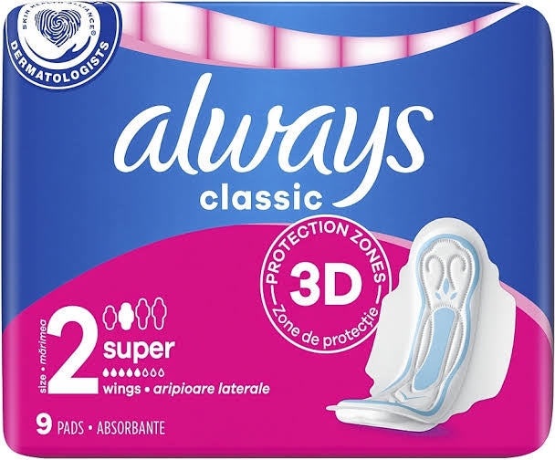 ALWAYS SERVIETTES HYGIENIQUES 3 ACTION CLASSIQUE 9PCS AVEC AILES TAILLE 2