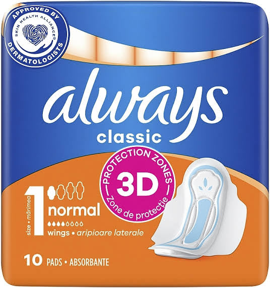 ALWAYS SERVIETTES HYGIENIQUES 3 ACTION CLASSIC 10PC NORMAL AVEC AILES TAILLE 1