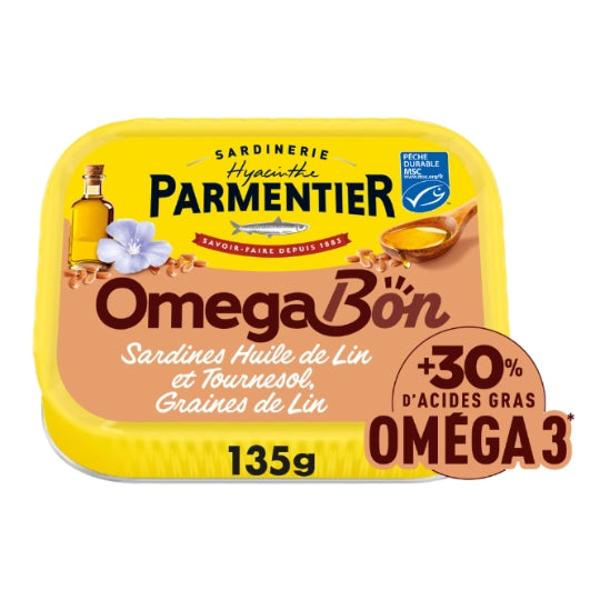 Sardines entières à L'huile de Lin et Tournesol Graines de Lin Oméga Bon PARMENTIER — la boîte de 135g — Lot de 3
