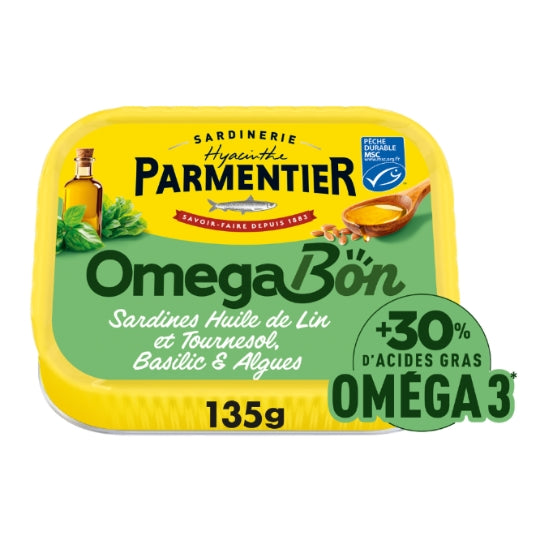 Sardines entières à L'huile de Lin et Tournesol Basilic & Algues Oméga Bon PARMENTIER — la boîte de 135g — Lot de 3