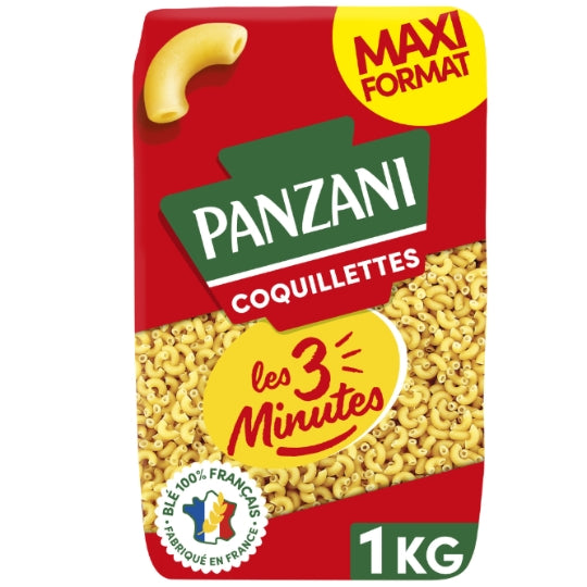 Pâtes coquillettes les 3 minutes PANZANI — le paquet de 1kg — Lot de 3