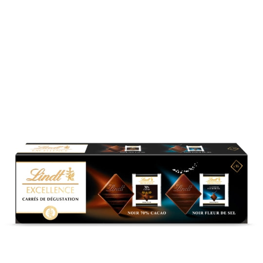 Carrés de Chocolat Noir 70% et Noir Fleur de Sel LINDT — la boîte de 158g — Lot de 3