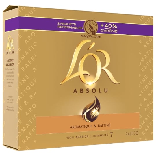 Café Moulu Absolu 100% Arabica Intensité 7 L'OR — les 2 paquets de 250g — Lot de 3