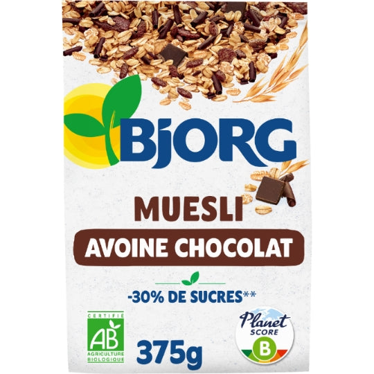 Muesli Avoine Chocolat -30% de Sucre Bio BJORG — Le paquet de 375g — Lot de 3