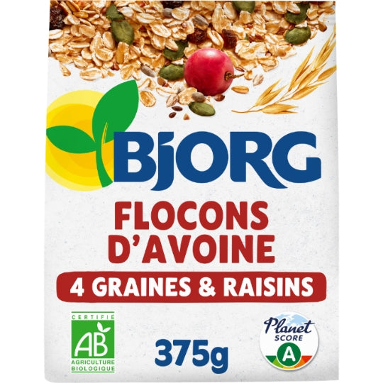 Flocons d'Avoine 4 Graines et Raisins Bio BJORG — Le paquet de 375g — Lot de 3