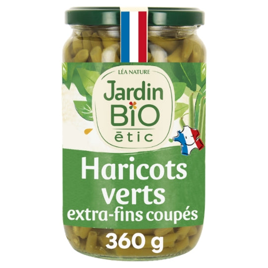 Haricots Verts Extra-Fins Coupés Bio JARDIN BIO ETIC — le bocal de 360g net égoutté — Lot de 3