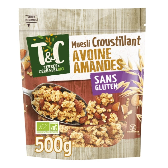 Muesli Croustillant Avoine et Amande Sans Gluten Bio TERRES & CEREALES BIO — le paquet de 500g — Lot de 3