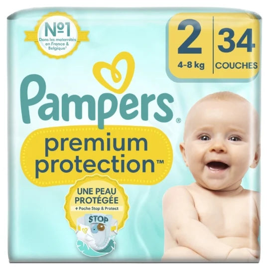 PAMPERS COUCHE PREMIUM PROTECTION TAILLE 2 (4-8KG) - 34 COUCHES - Blaiche