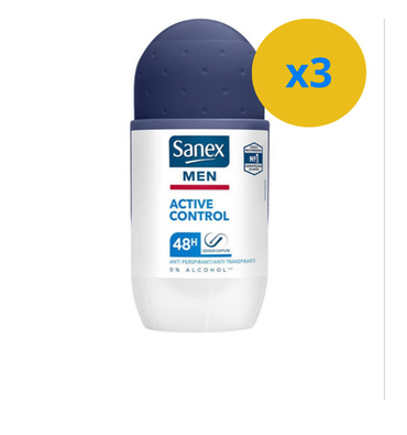 2 x ROLL-ON SANEX MEN ACTIVE CONTROL 48H 50ML 0% ALCOOL