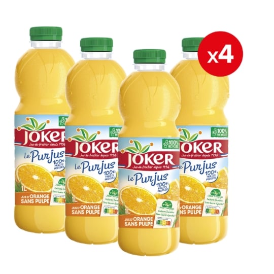 Jus d'Orange Pur Jus Sans Pulpe JOKER — le multipack de 4 bouteilles de 1 L — Lot de 3