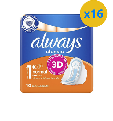 ALWAYS SERVIETTES HYGIENIQUES 3 ACTION CLASSIC 10PC NORMAL AVEC AILES TAILLE 1