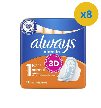 ALWAYS SERVIETTES HYGIENIQUES 3 ACTION CLASSIC 10PC NORMAL AVEC AILES TAILLE 1