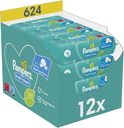 Pampers Lingettes Bébé Fresh Clean, 624 Lingettes (Lot de 12 x 52), Sans Alcool, Parfum Rafraichissant, Aussi Pour Les Mains Et Le Visage, Testées Dermatologiquement - Blaiche