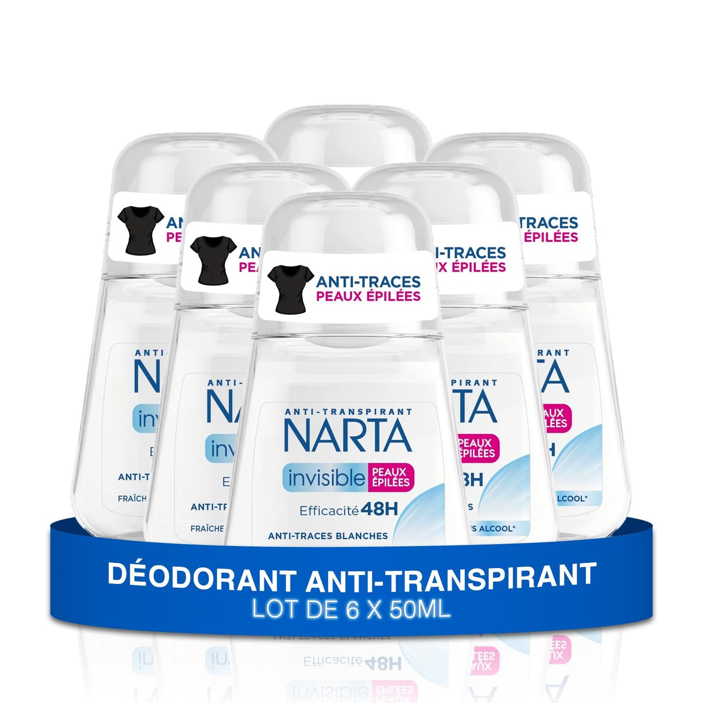 Narta - Déodorant Femme Bille - Invisible Anti-Transpirant Peaux Epilées Efficacité 48h Anti-Traces Blanches Sans Alcool - lot de 6 x 50ml