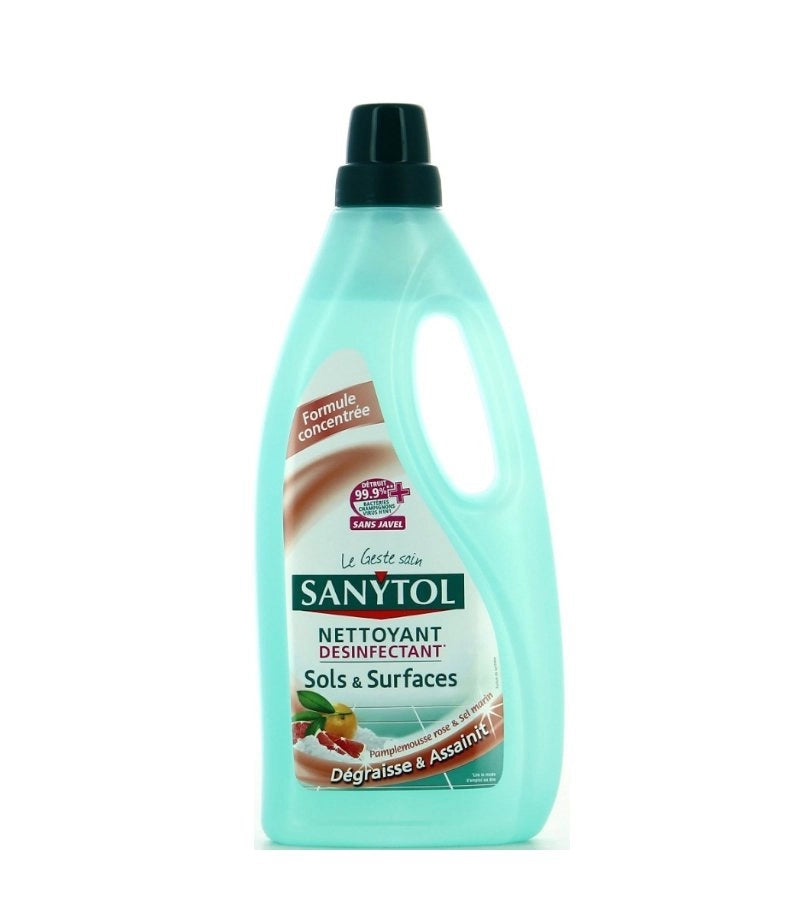 NETTOYANT DESINFECTANT SANYTOL SOLS & SURFACES DEGRAISSE & ASSAINIT PAMPLEMOUSSE ROSE & SEL MARIN 1L - Blaiche