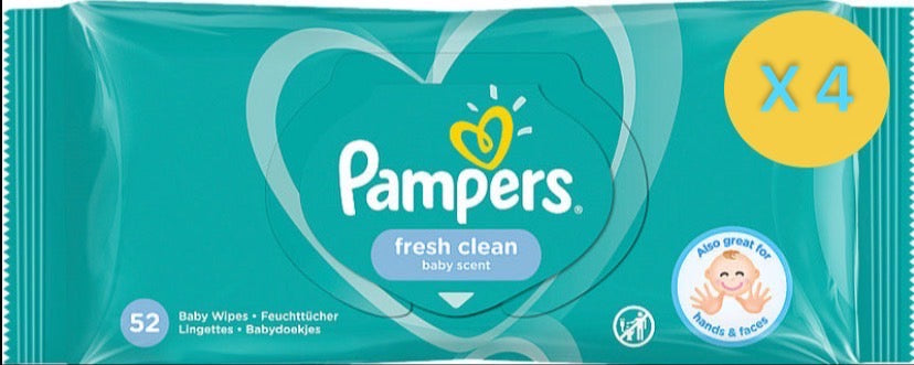 4 х LINGETTES PAMPERS FRESH CLEAN 52 LINGETTES