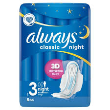 ALWAYS SERVIETTES HYGIENIQUES CLASSIQUE 8PCS NUIT AVEC AILES TAILLE 3 - Blaiche